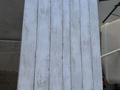 Custom White Distressed Wood Top Table with Built-in Ruler Edge