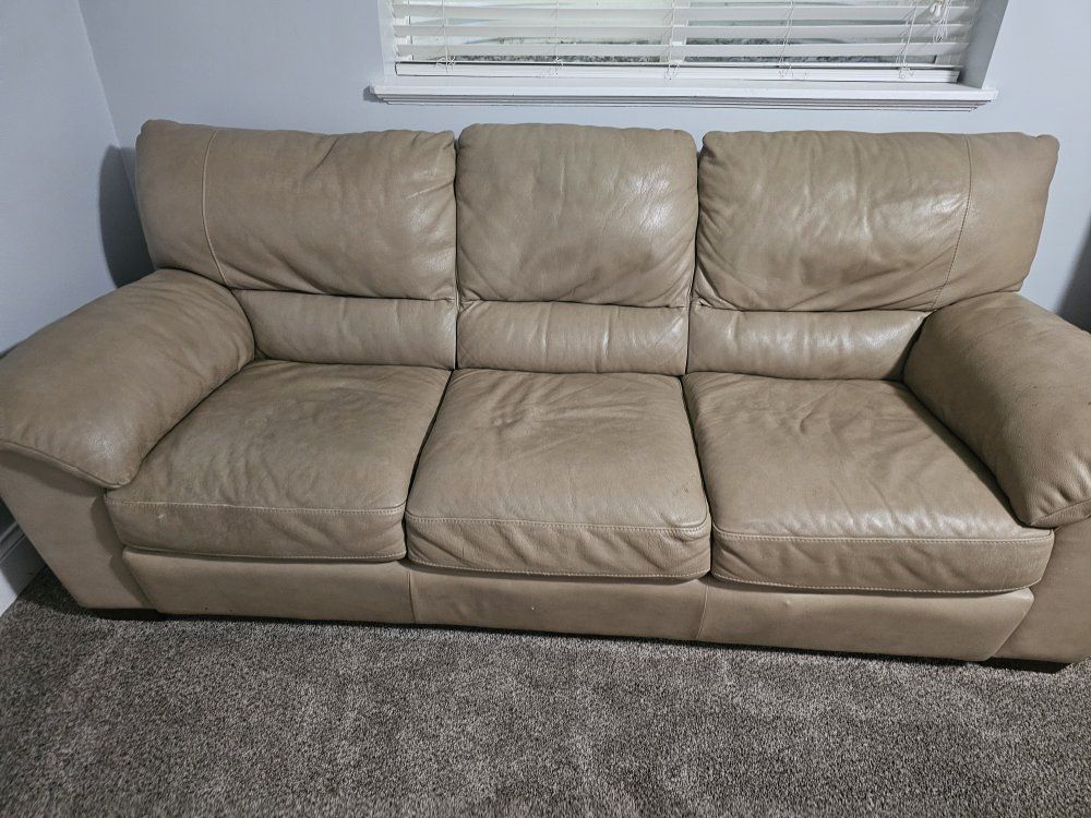 Used Beige Leather Sofa - 3 Seater Couch, Good Condition