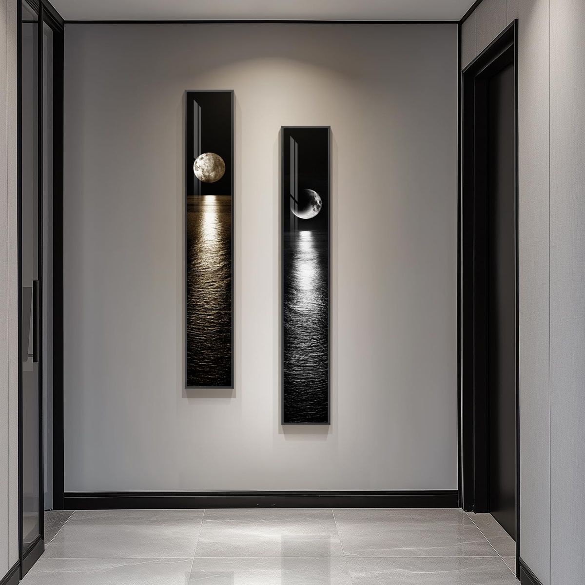 New Framed Long Narrow Vertical Moon Wall Art Set of 2