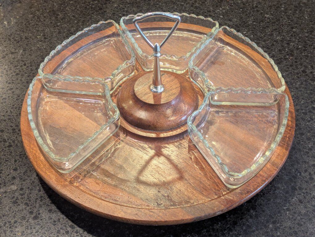 Vintage walnut revolving tray w/5 glass dishs