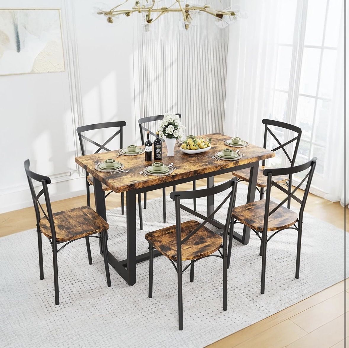 7 Piece Dining Table With 6 Chairs Set Wooden