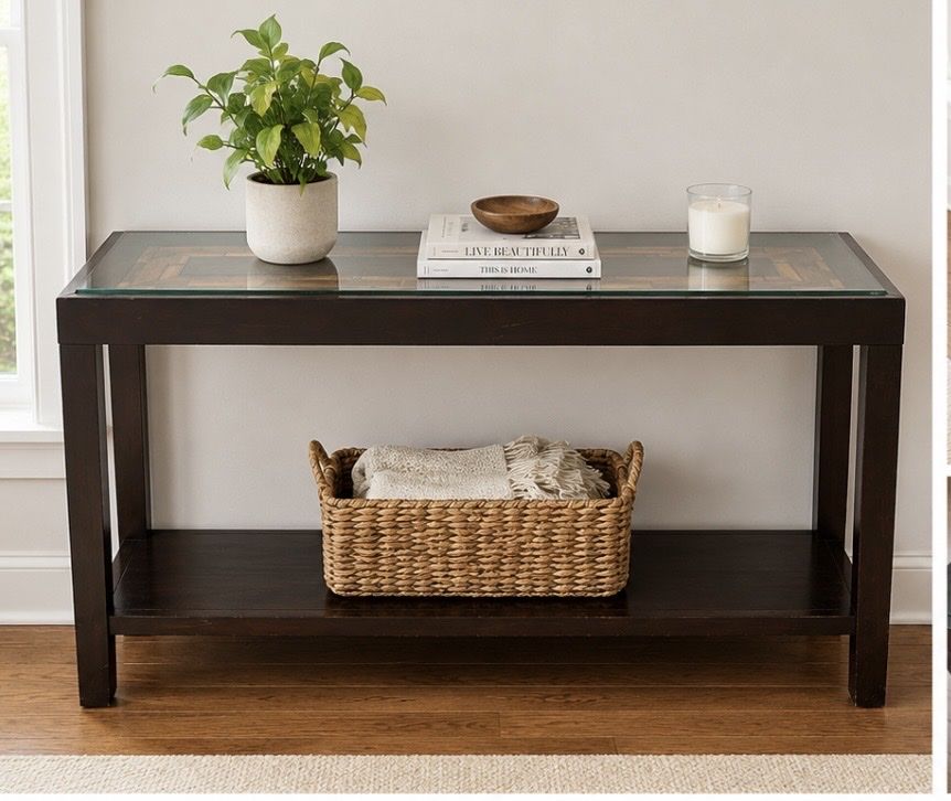 Glass Top Console Table, Dark Wood Finish, Two-Tiered Entryway Sofa Table