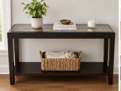 Glass Top Console Table, Dark Wood Finish, Two-Tiered Entryway Sofa Table