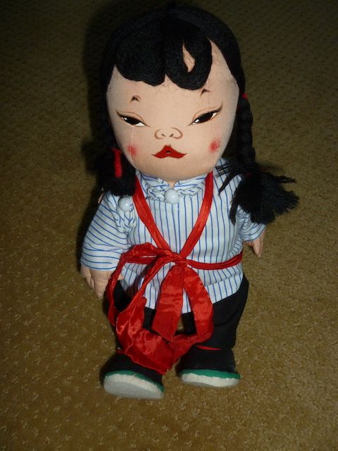 Vintage Cloth Asian Hand Painted Doll with a Baby on Her Back-1950's-1960's