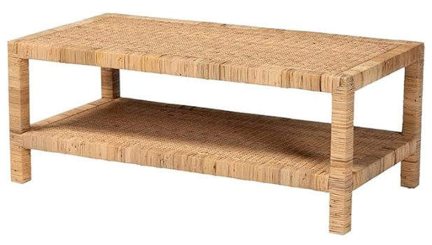 Light Honey Rattan and Mahogany Wood Coffee Table