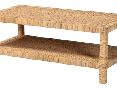 Light Honey Rattan and Mahogany Wood Coffee Table