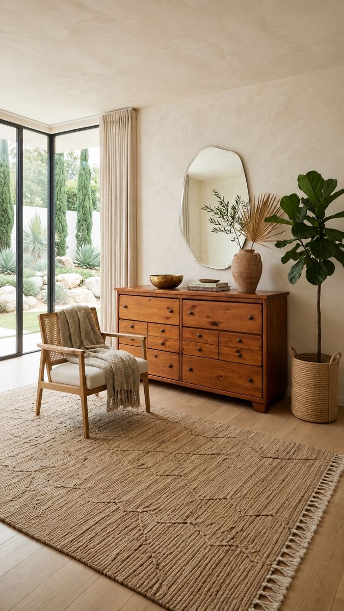 Vintage 6-Drawer Solid Pine Dresser Credenza Sideboard w/Grid Facade Detailing, Rounded Square Knobs & Tapered Block Legs