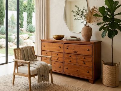 Vintage 6-Drawer Solid Pine Dresser Credenza Sideboard w/Grid Facade Detailing, Rounded Square Knobs & Tapered Block Legs