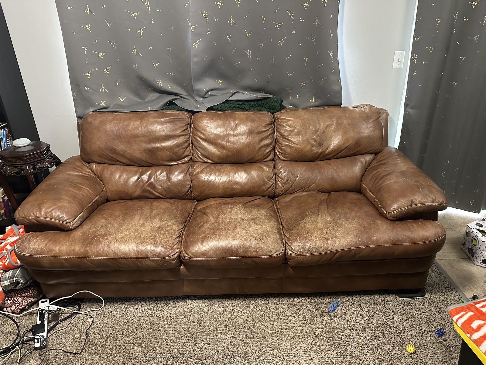 Used Brown Leather Sofa - 3 Seater with Wear