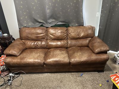 Used Brown Leather Sofa - 3 Seater with Wear