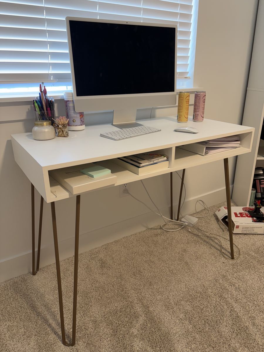 White Desk With Gold Hairpin Legs