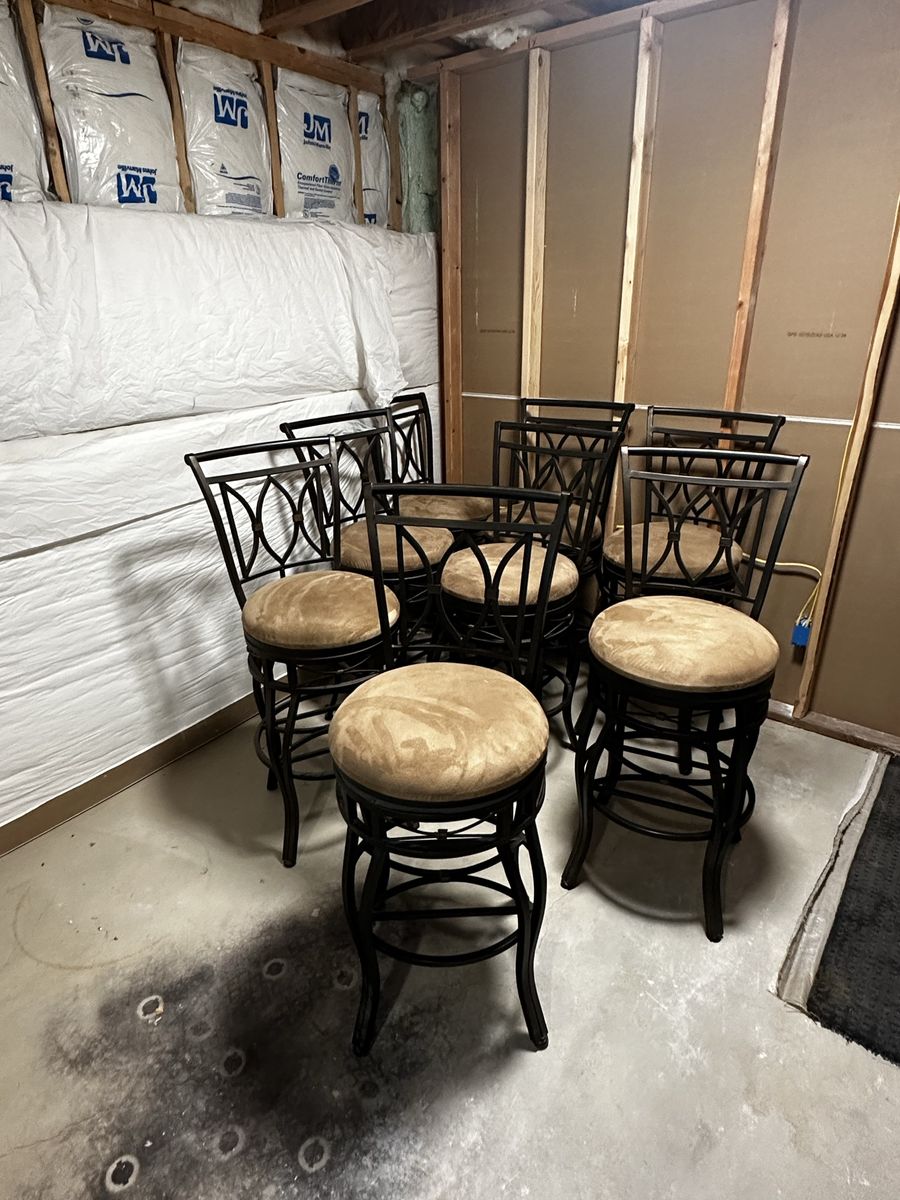 Set of 8 Bronze Metal Swivel Bar Stools, 30” Seat Height, Rustic Design