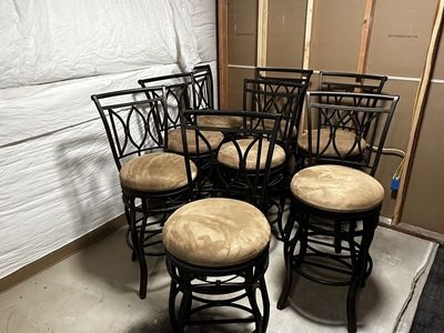 Set of 8 Bronze Metal Swivel Bar Stools, 30” Seat Height, Rustic Design