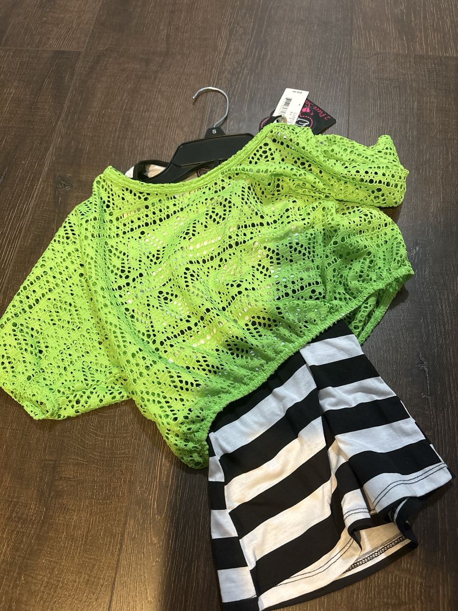 NWT 2-Piece Outfit Set Neon Green Crochet Top & Black White Striped Tank Size S