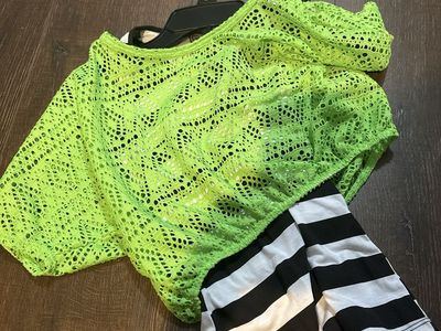 NWT 2-Piece Outfit Set Neon Green Crochet Top & Black White Striped Tank Size S
