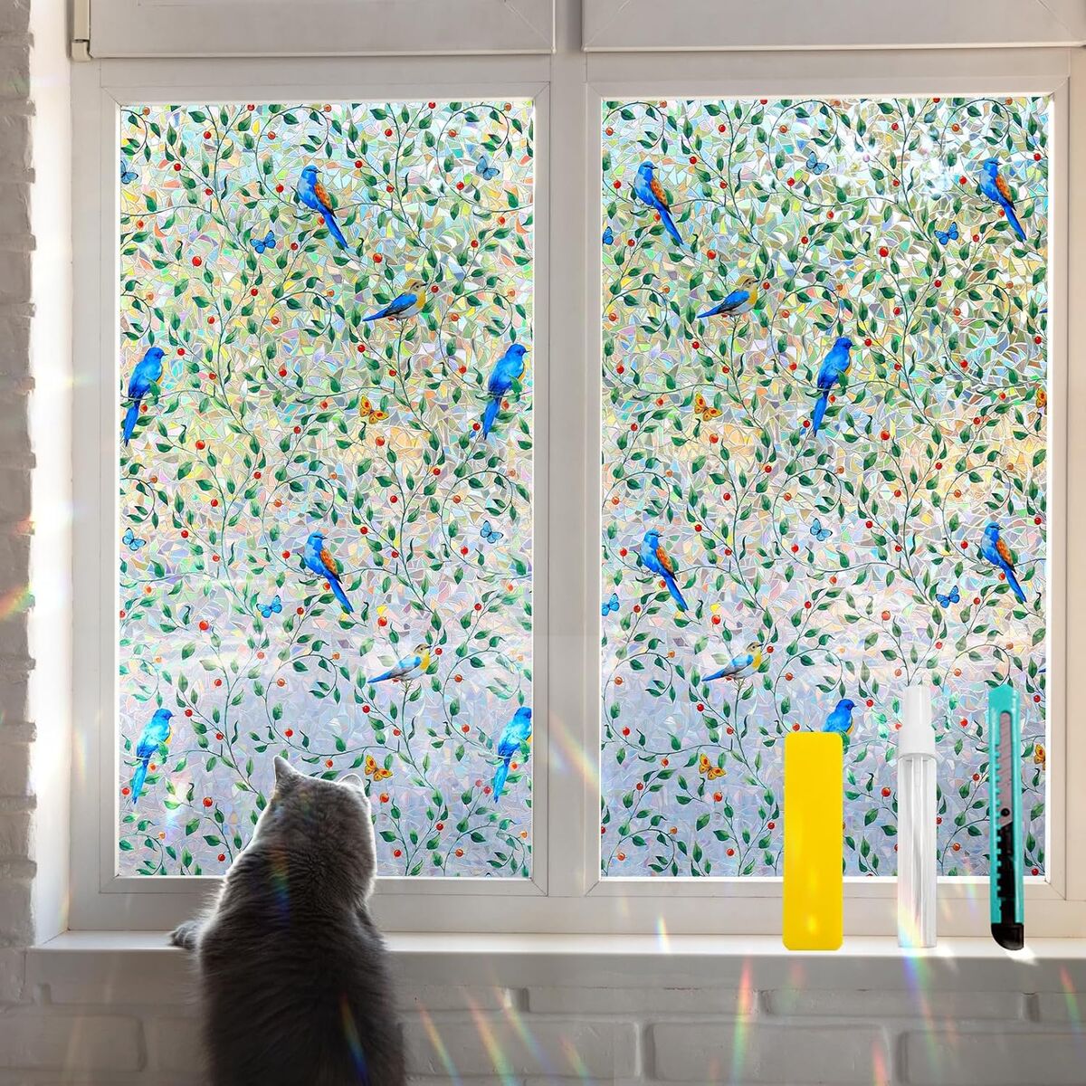 Stained Glass Rainbow Window Privacy Film featuring a Colorful Birds on the Vine