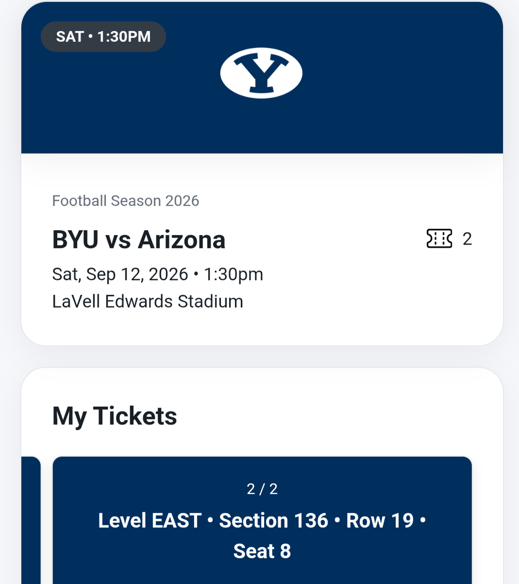 BYU Football Tickets (2) vs Arizona