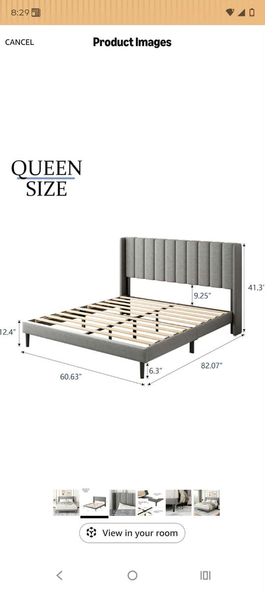 Queen Size Upholstered Platform Bed Frame with Wingback Headboard and Wooden Slats - Grey