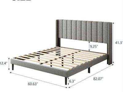 Queen Size Upholstered Platform Bed Frame with Wingback Headboard and Wooden Slats - Grey