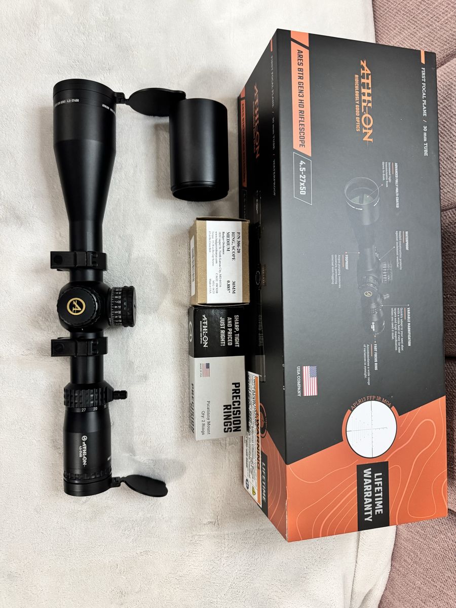 Athlon Ares BTR Gen3 HD 4.5-27x50 FFP Riflescope with two sets of Scope Rings and Original Box with all factory accessories.