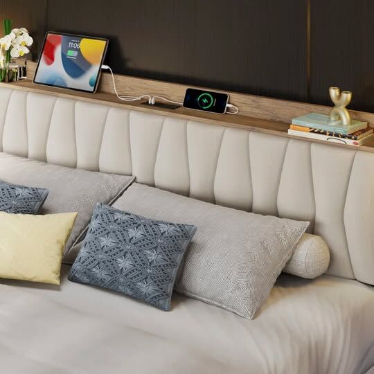 Upholstered Queen Bed with Storage (3 Drawers) + FREE Lamp & Side Table — Like New