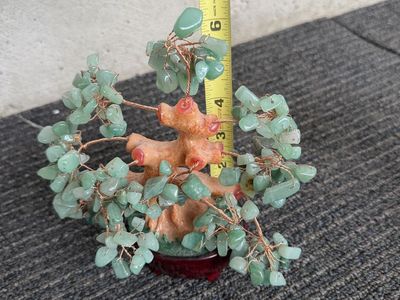 Vintage Green Jade Quartz Gemstone Feng Shui Bonsai Money Tree 6 Inch