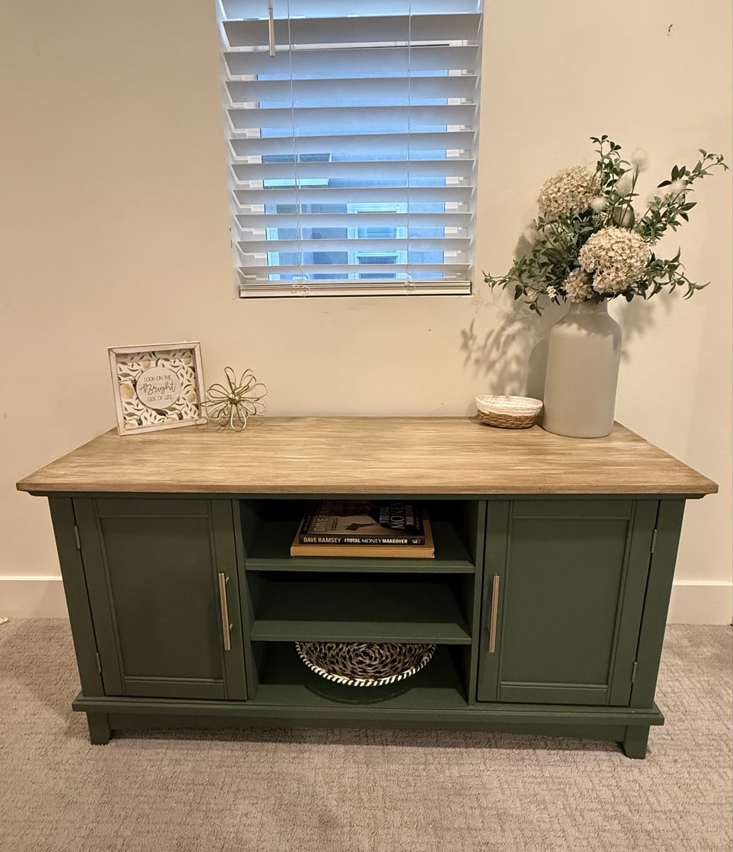 Refinished Green TV Stand / Media Console – Natural Wood Look