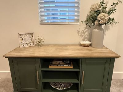 Refinished Green TV Stand / Media Console – Natural Wood Look