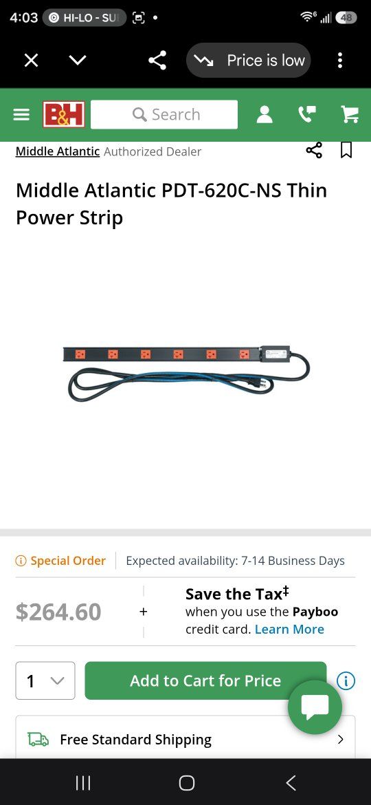 Middle Atlantic PDT-620C-NS Thin Power Strip 6 Outlets 20A 9ft Cord