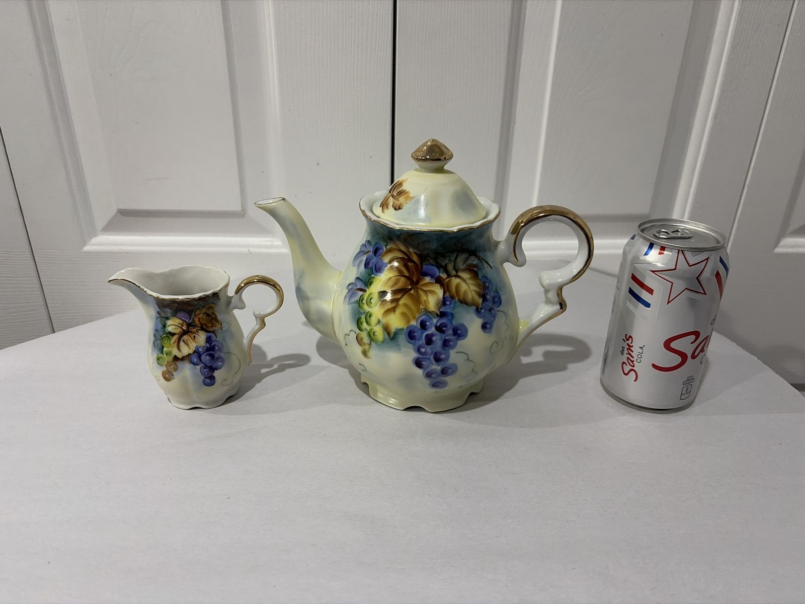 Vintage Hand-Painted Grape Motif Porcelain Teapot & Creamer Set - Gold Trim