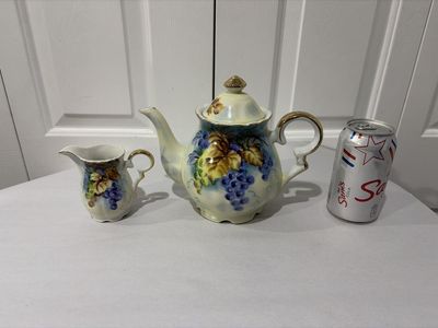 Vintage Hand-Painted Grape Motif Porcelain Teapot & Creamer Set - Gold Trim
