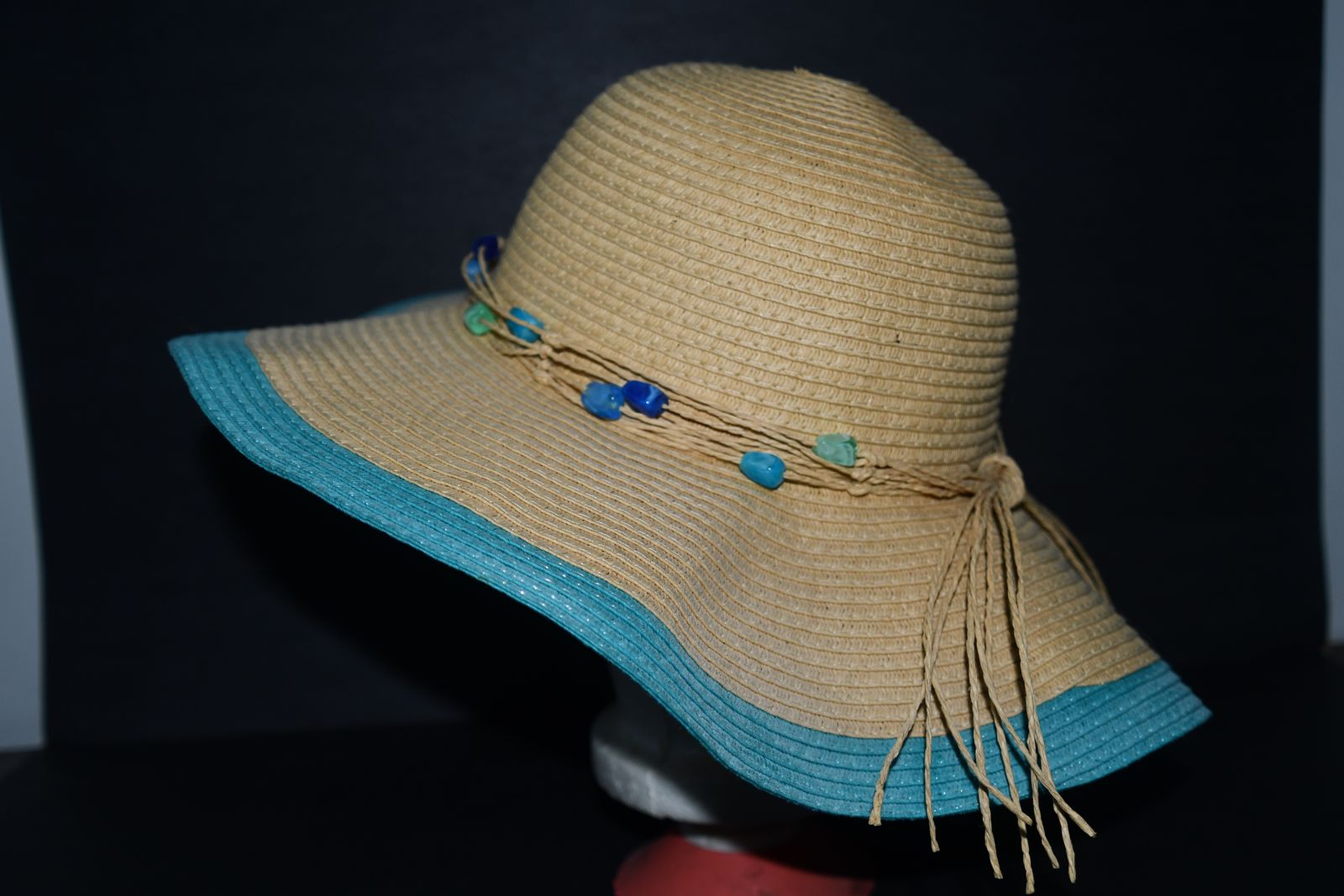 PANAMA JACK SUN HAT ~ TURQUOISE & TAN ~ ONE SIZE ~ BRIM LENGTH 4" ~ CUTE & CLEAN!
