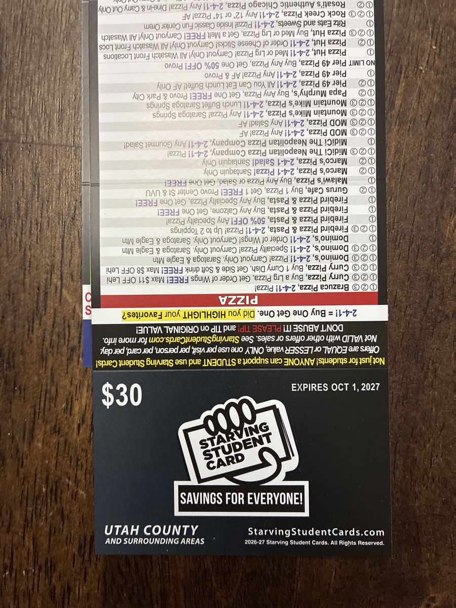 Starving Student Card fundraiser - Utah County 2026-27 Savings Card