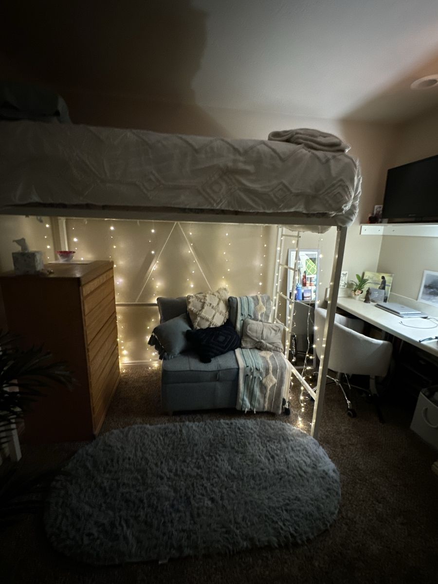 White Metal Loft Bed Frame - Space Saving Elevated Twin Bed
