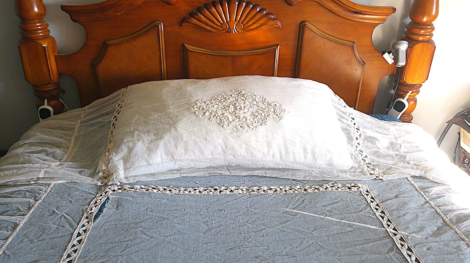 Antique Tape Lace Net Mesh Bedspread Coverlet and Pillow Sham