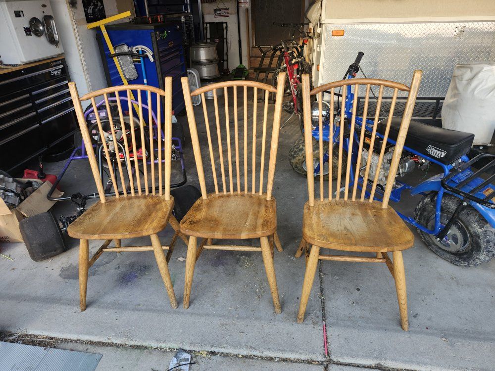 Set of 3 Vintage Wood Spindle Back Dining Chairs - Classic Farmhouse Style