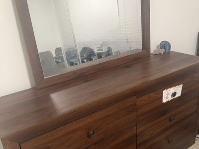 Dark Wood Bedroom Set - Queen Bed Frame, Dresser with Mirror, 2 Nightstands - Excellent Condition less then 5 months old
