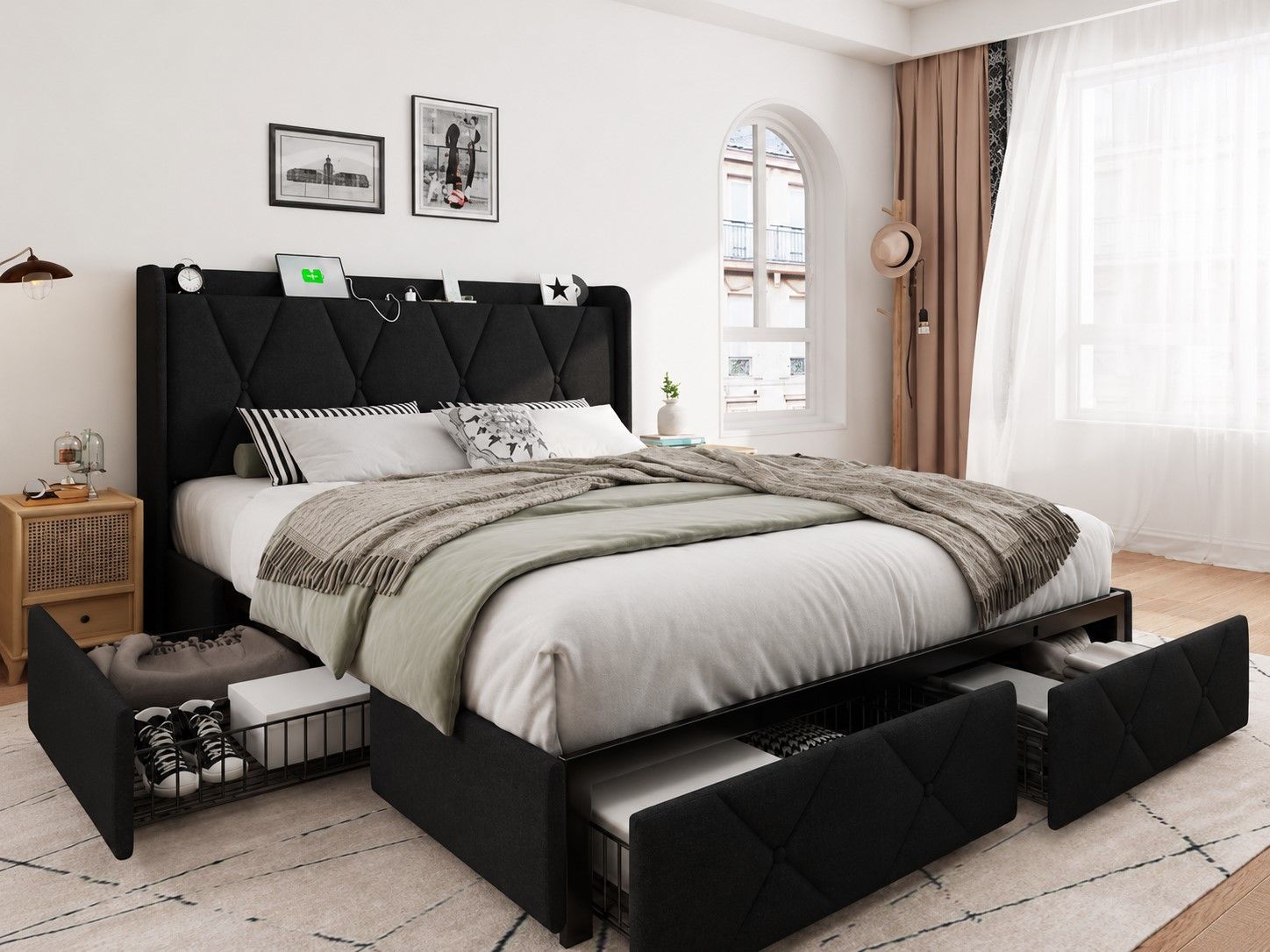 NEW! Full Size Bed Frame w/4 Storage Drawers, Upholstered Platform Bed Frame w/Charging Station