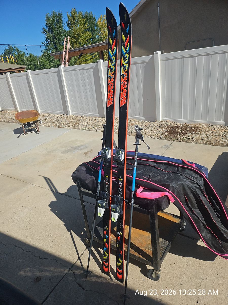 K2 Extreme Downhill Skis with Marker M48 Titanium Bindings, Poles and Bag
