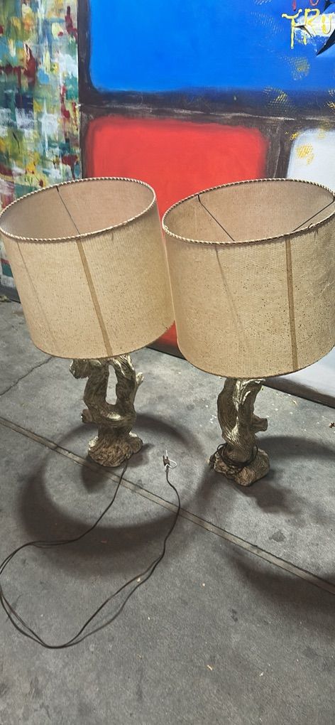 Pair Mid Century Modern Chalkware Driftwood Lamps