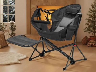 Ainfox Foldable, Portable Rocking Camping Chairs with Footrest, Cup Holder, Pillow, Black