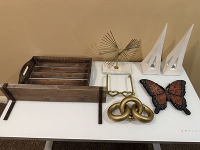Decorative Home Decor Lot - Butterfly, Shelf, Tray, & Sculptures