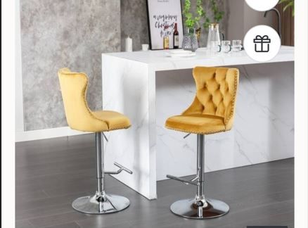 Bar Stools 2PC Velvet Swivel Bar Stools Adjustable Dining Chairs (Gold)