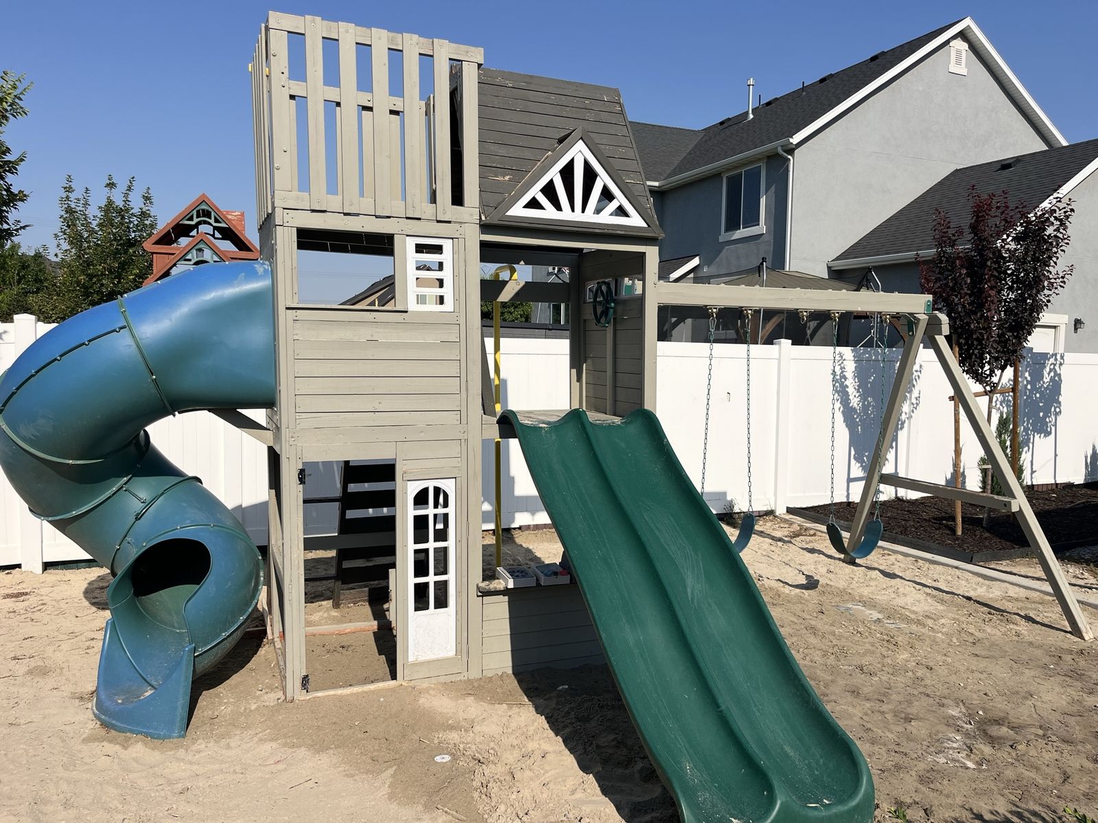 Wooden Backyard Swing Set Playset with Slides and Clubhouse