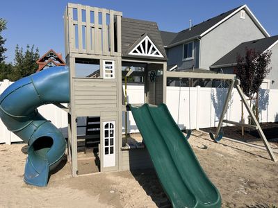 Wooden Backyard Swing Set Playset with Slides and Clubhouse