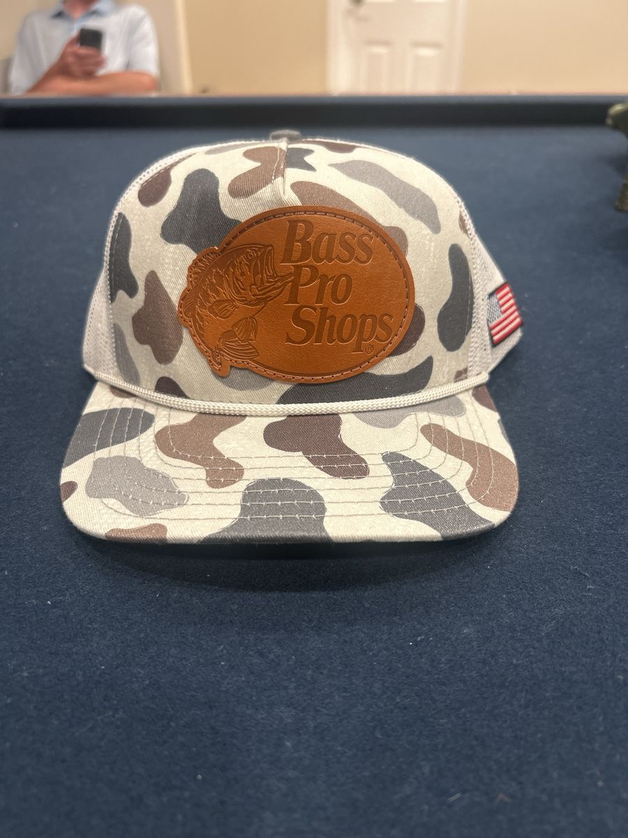 Bass Pro Shops Camo Trucker Hat with Leather Patch and American Flag - Adjustable Snapback