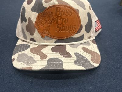 Bass Pro Shops Camo Trucker Hat with Leather Patch and American Flag - Adjustable Snapback