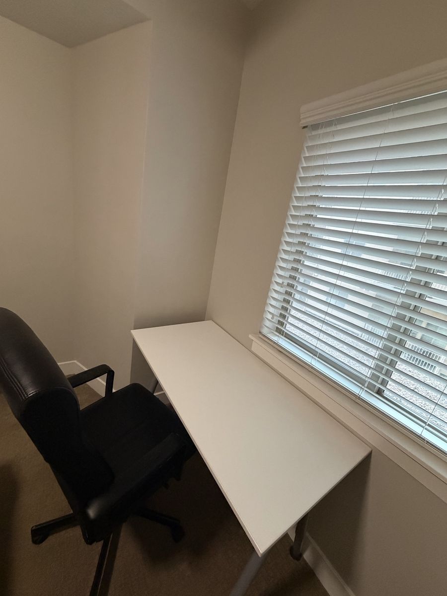 White Writing Desk and Black Leather Executive Office Chair Set