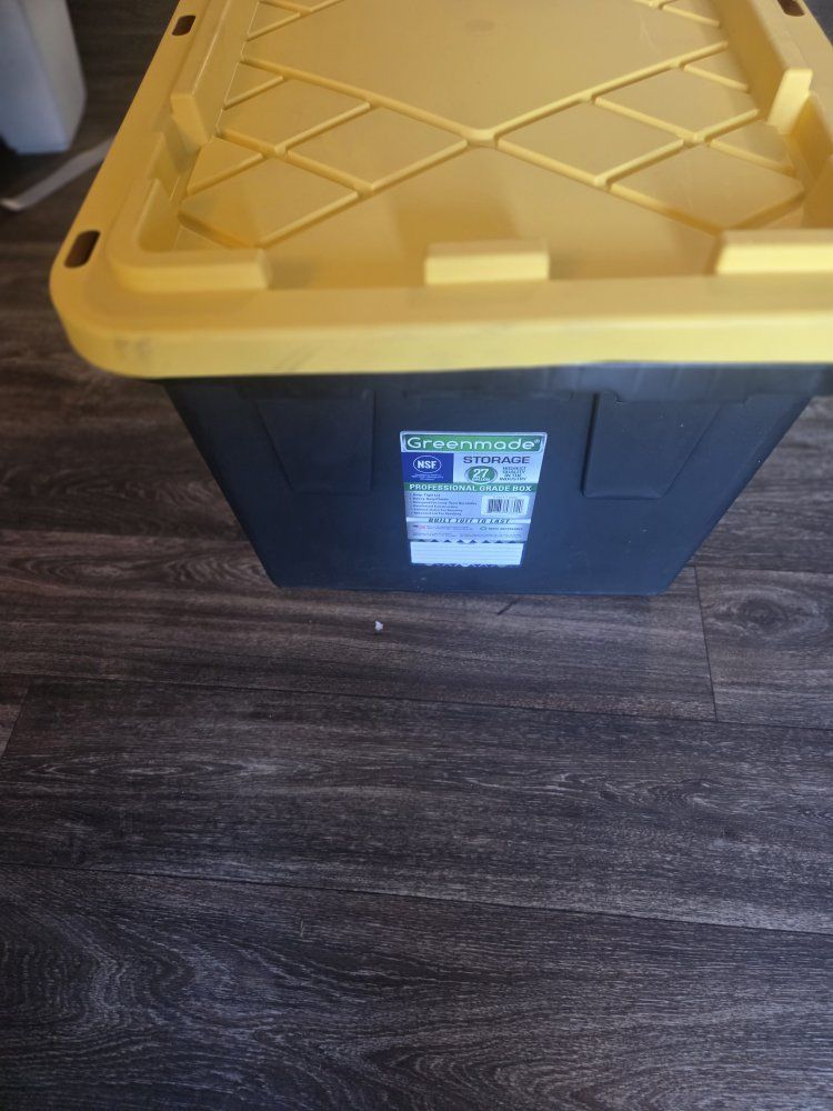Heavy Duty Black Storage Tote with Yellow Lid - Durable, Stackable, Multi-purpose Container