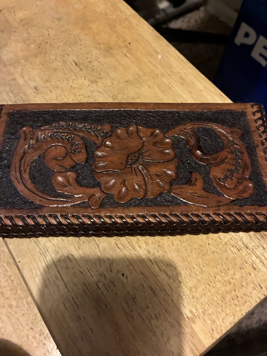 Vintage Hand-Tooled Leather Checkbook Cover Wallet Floral Design